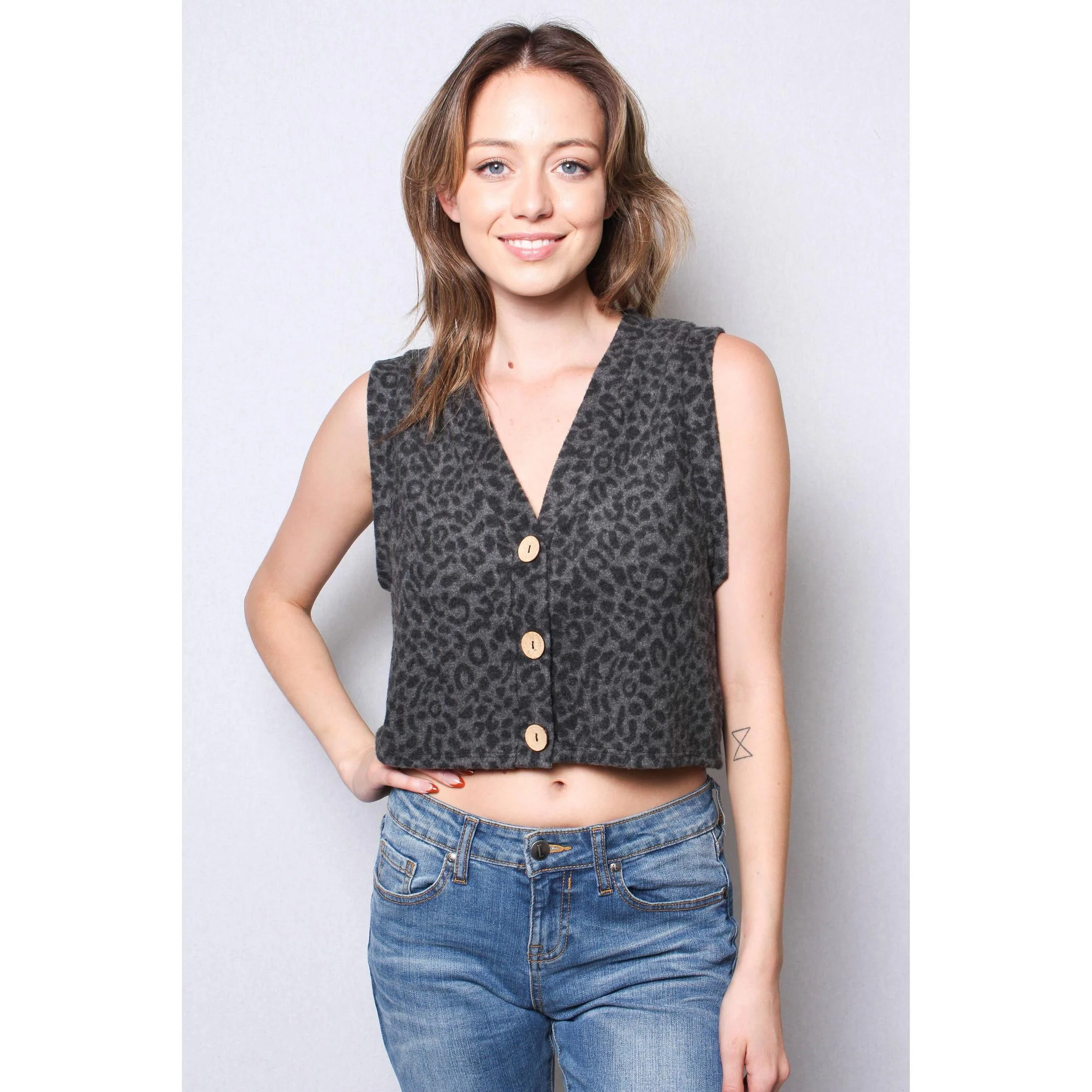 Fuzzy Animal Print Button Front Sweater Vest Cropped Top in Charcoal or Camel [Sizes SM–L] - Image 5