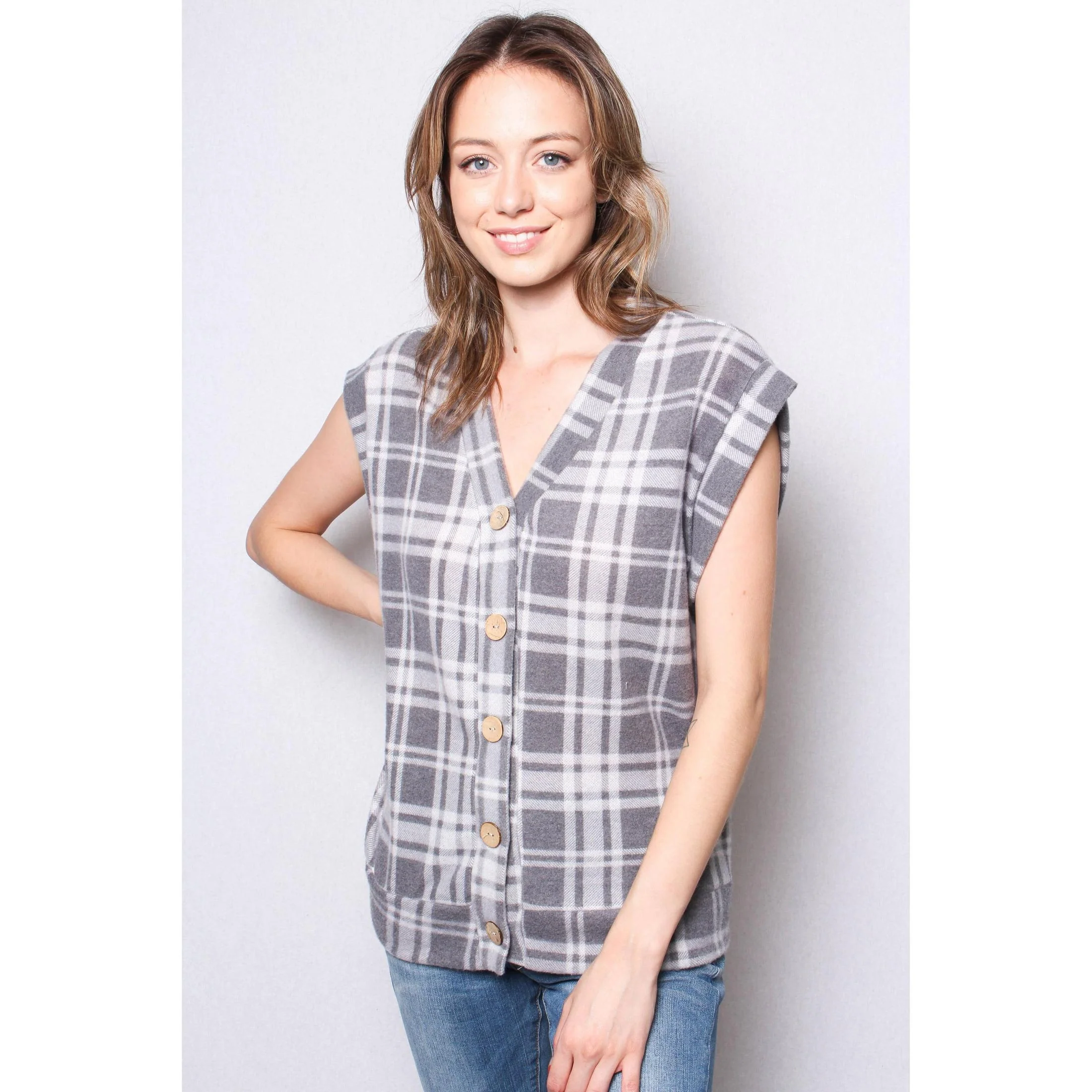 Fuzzy Plaid Button Front Sweater Vest Top in Black & White [Sizes SM–L] - Image 4