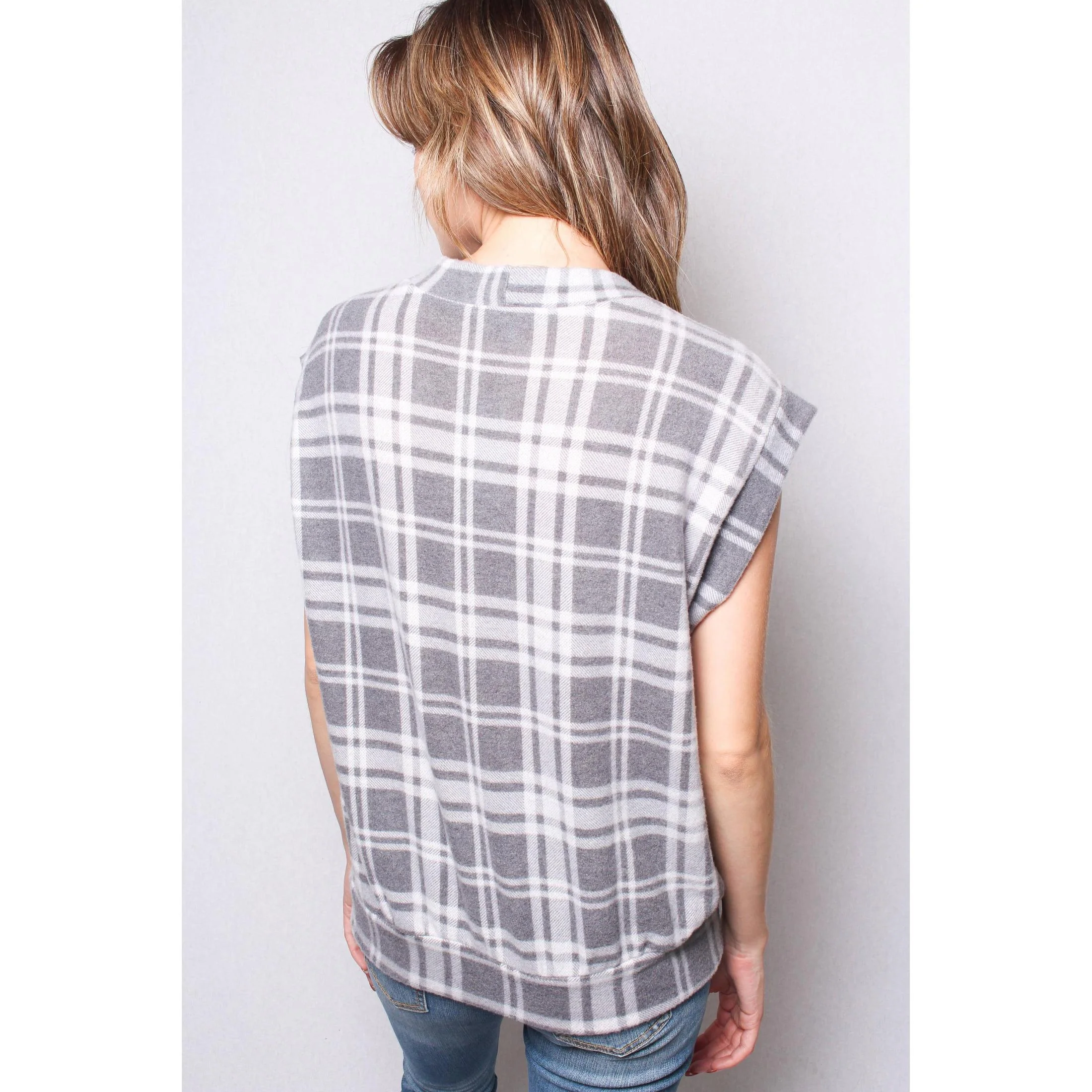 Fuzzy Plaid Button Front Sweater Vest Top in Black & White [Sizes SM–L] - Image 7