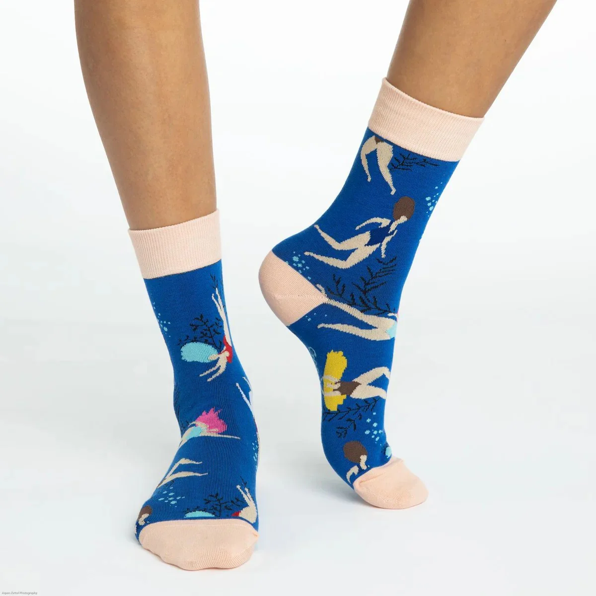 Good Luck Swimming Women's Socks | Blue Cartoon Swimmer Pattern Crew Socks - Image 4