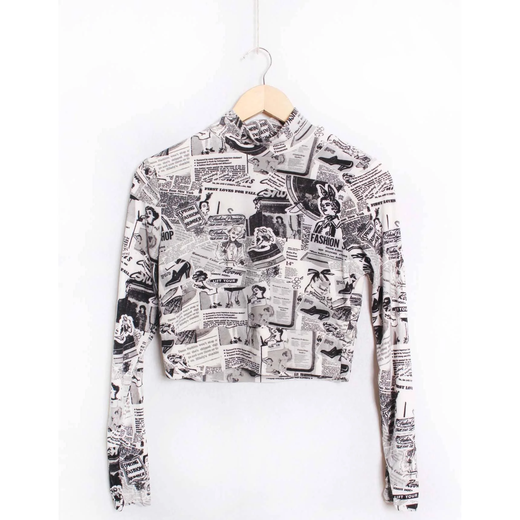 Newspaper Print Long Sleeve Mock Neck Crop Top | Trendy Fitted Graphic Top [SM–XL] - Image 3