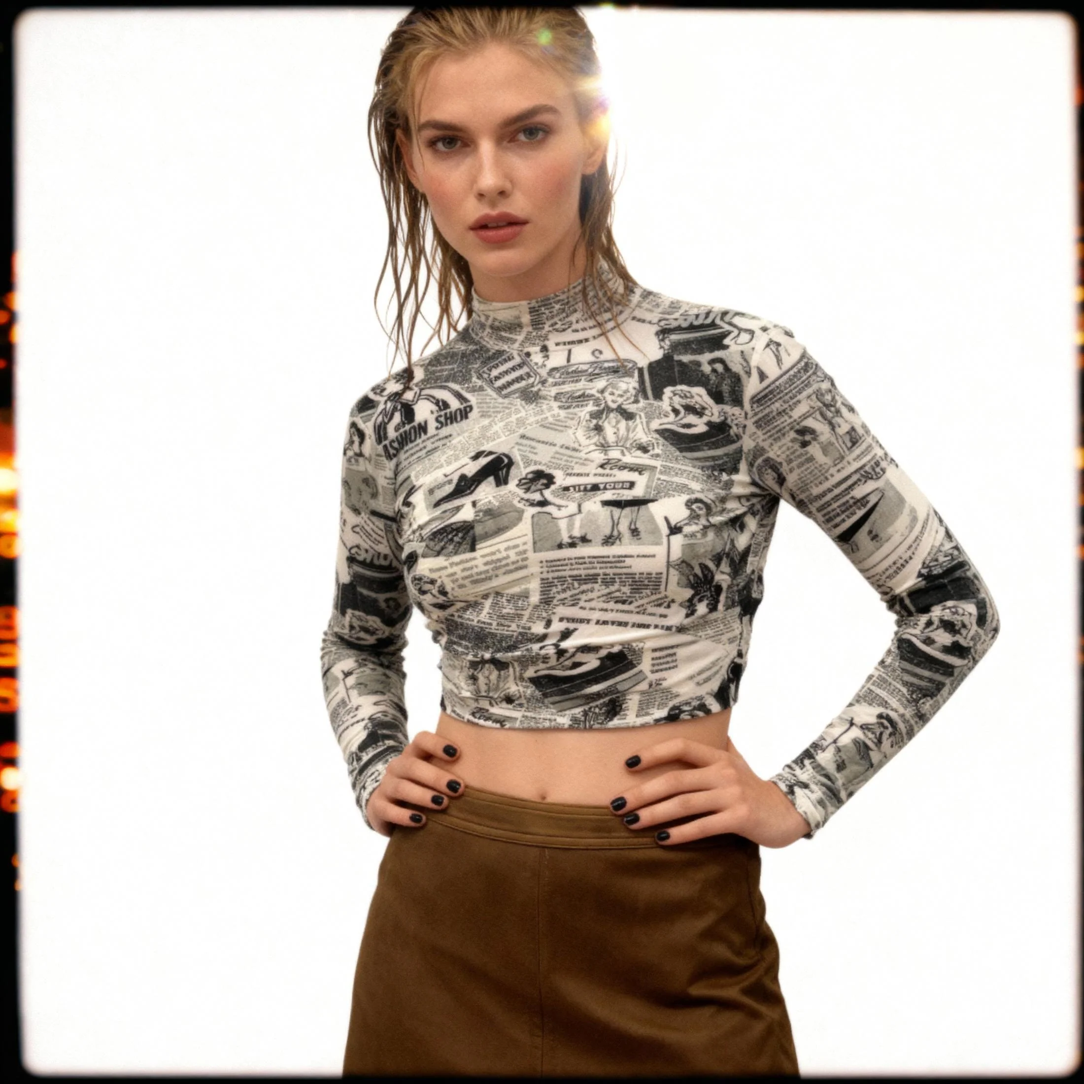 Newspaper Print Long Sleeve Mock Neck Crop Top | Trendy Fitted Graphic Top [SM–XL] - Image 6