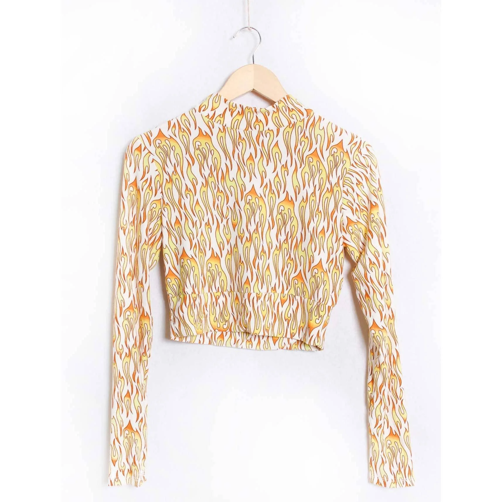 Biker Flame Mock Neck Long Sleeve Crop Top | Bold Printed Fitted Top [Sizes S–XL] - Image 2