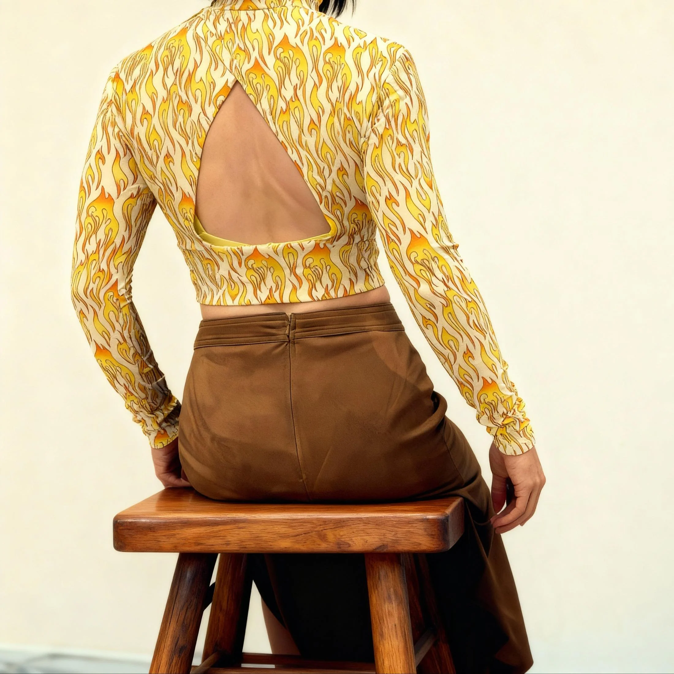 Biker Flame Mock Neck Long Sleeve Crop Top | Bold Printed Fitted Top [Sizes S–XL] - Image 8
