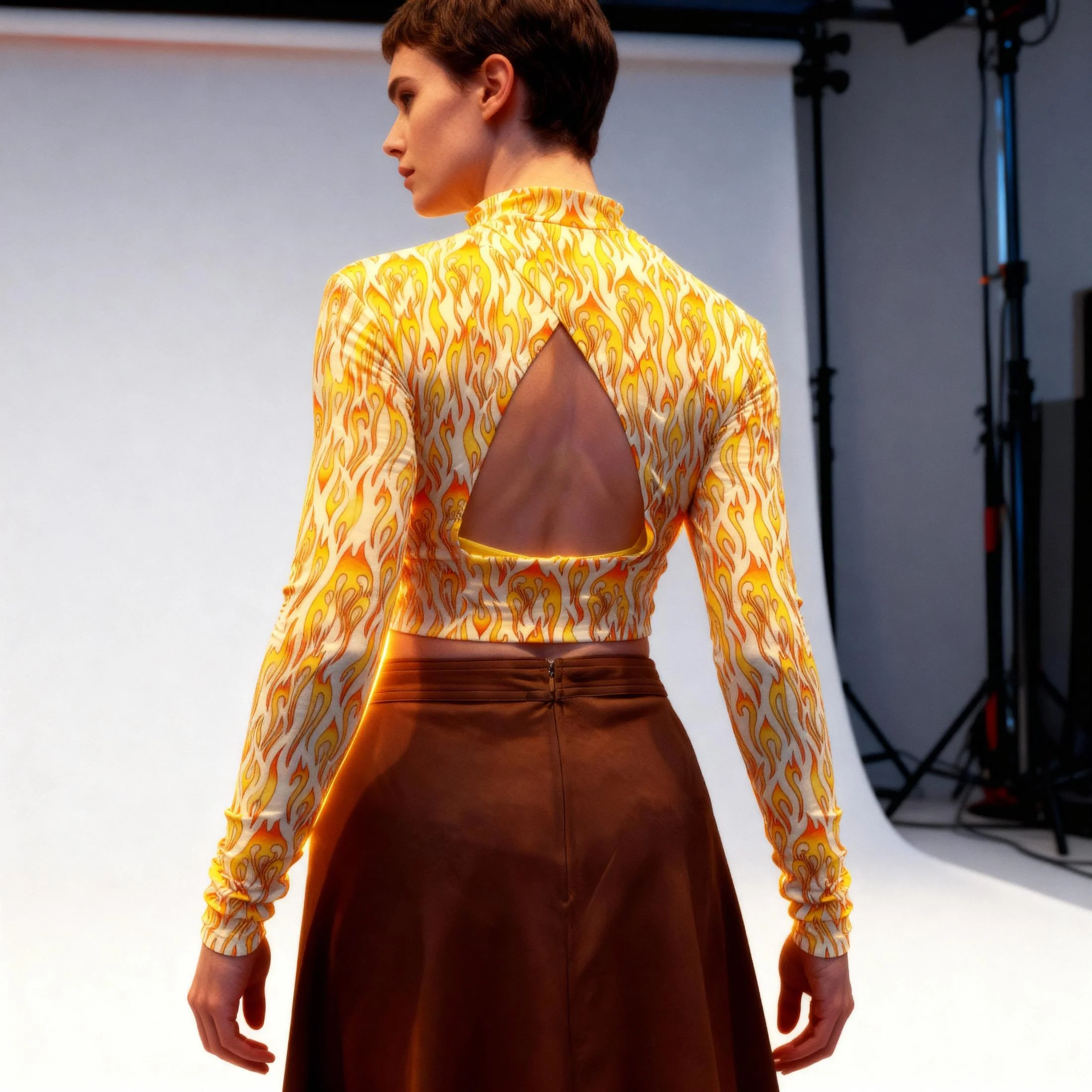 Biker Flame Mock Neck Long Sleeve Crop Top | Bold Printed Fitted Top [Sizes S–XL] - Image 9
