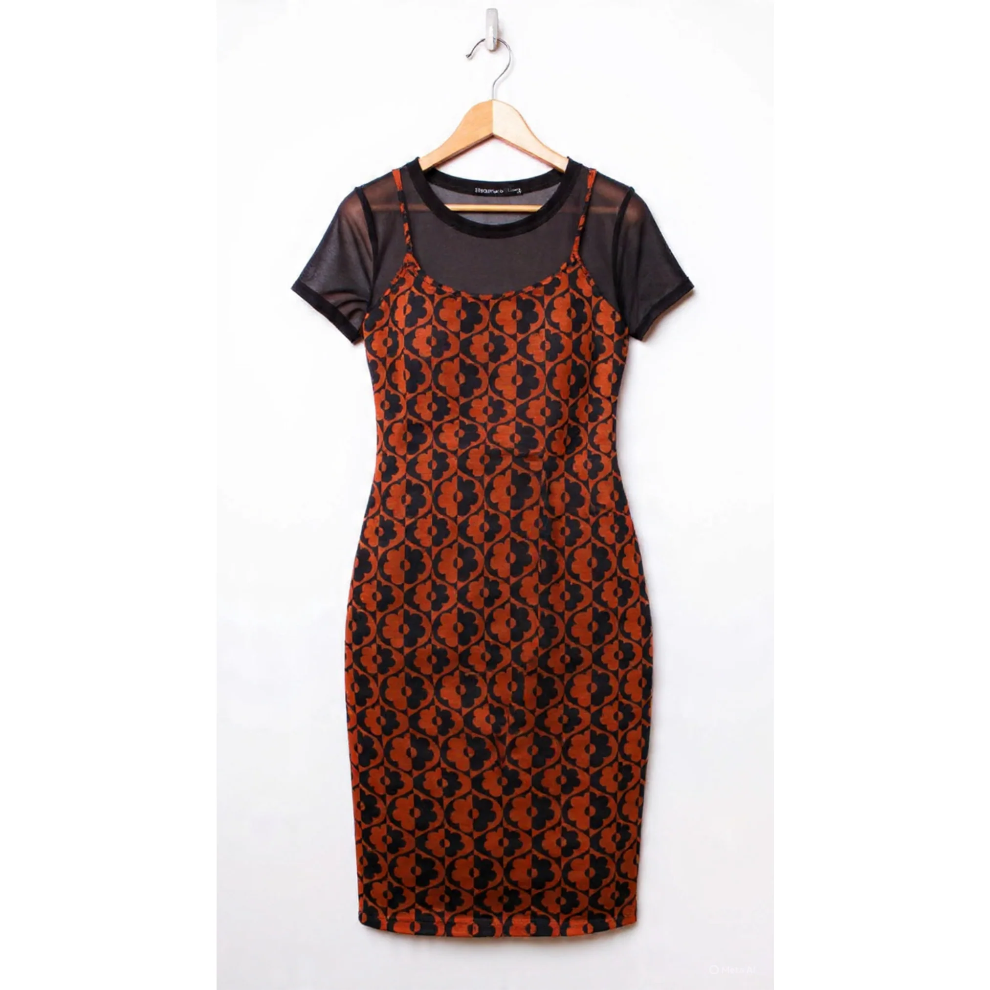 Sleeveless Printed Dress with Mesh Top | Retro Floral Mini Dress in Cappuccino | Trendy Women’s Outfit (SM–XL)