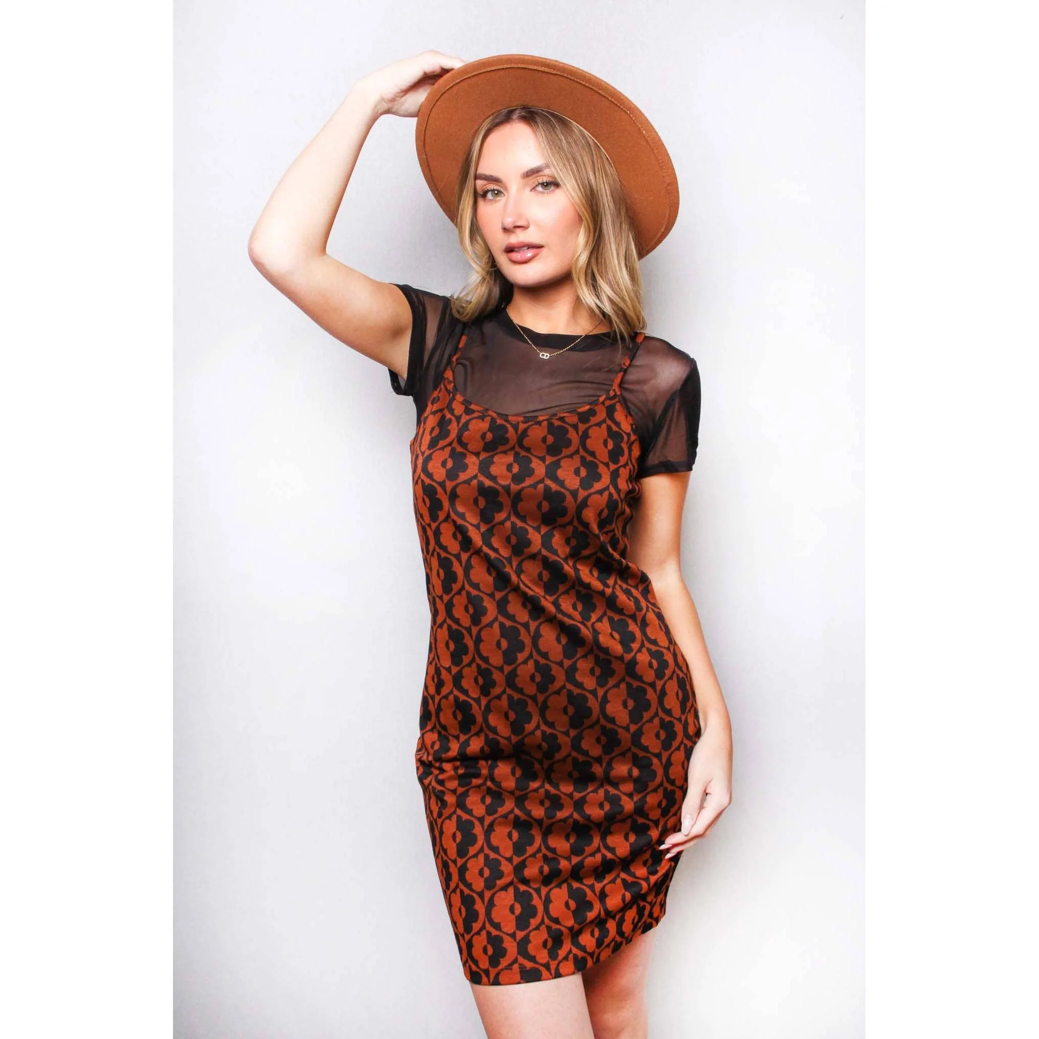 Sleeveless Printed Dress with Mesh Top | Retro Floral Mini Dress in Cappuccino | Trendy Women’s Outfit (SM–XL) - Image 4