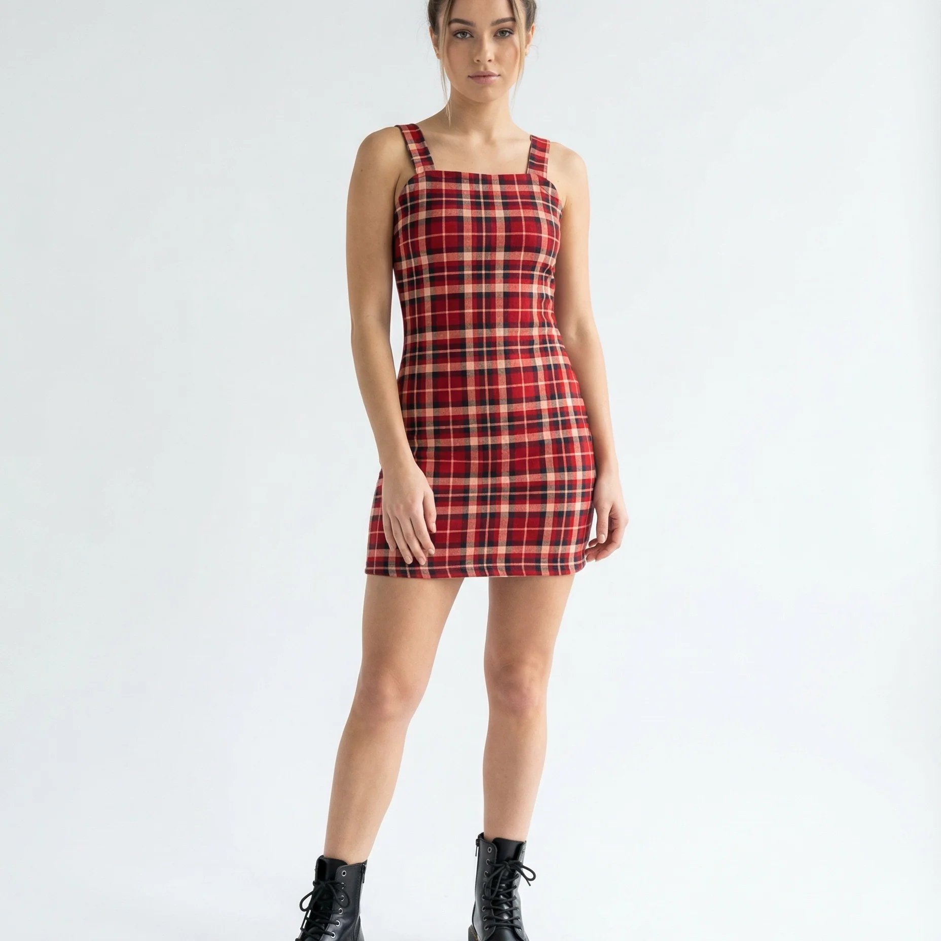 Sleeveless Strappy Plaid Mini Dress in Pomegranate | Red Check Mini Dress | Trendy Women’s Dress (SM–XL) - Image 4