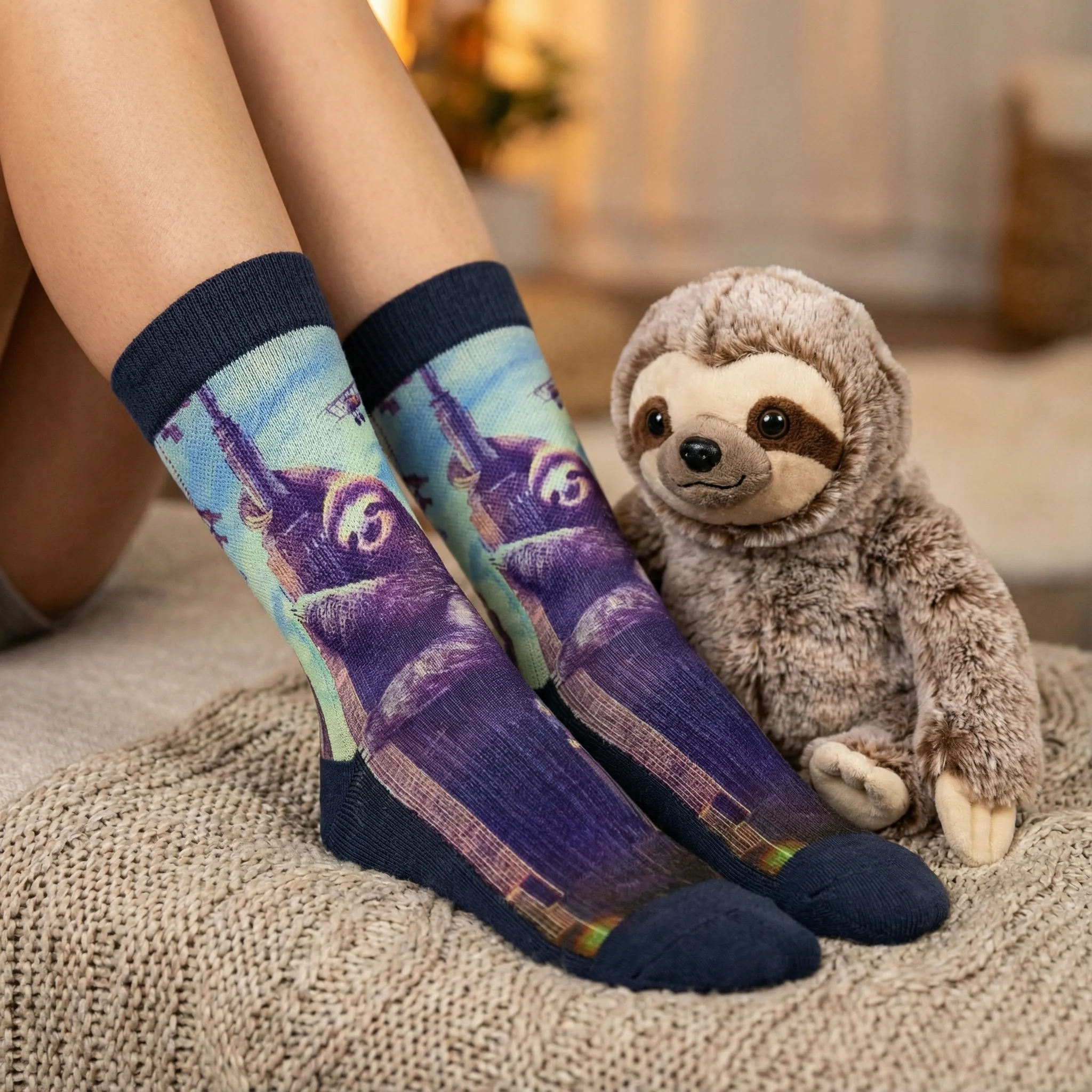 Slothzilla Women's Socks | Fun Giant Sloth City Scene Crew Socks - Image 3