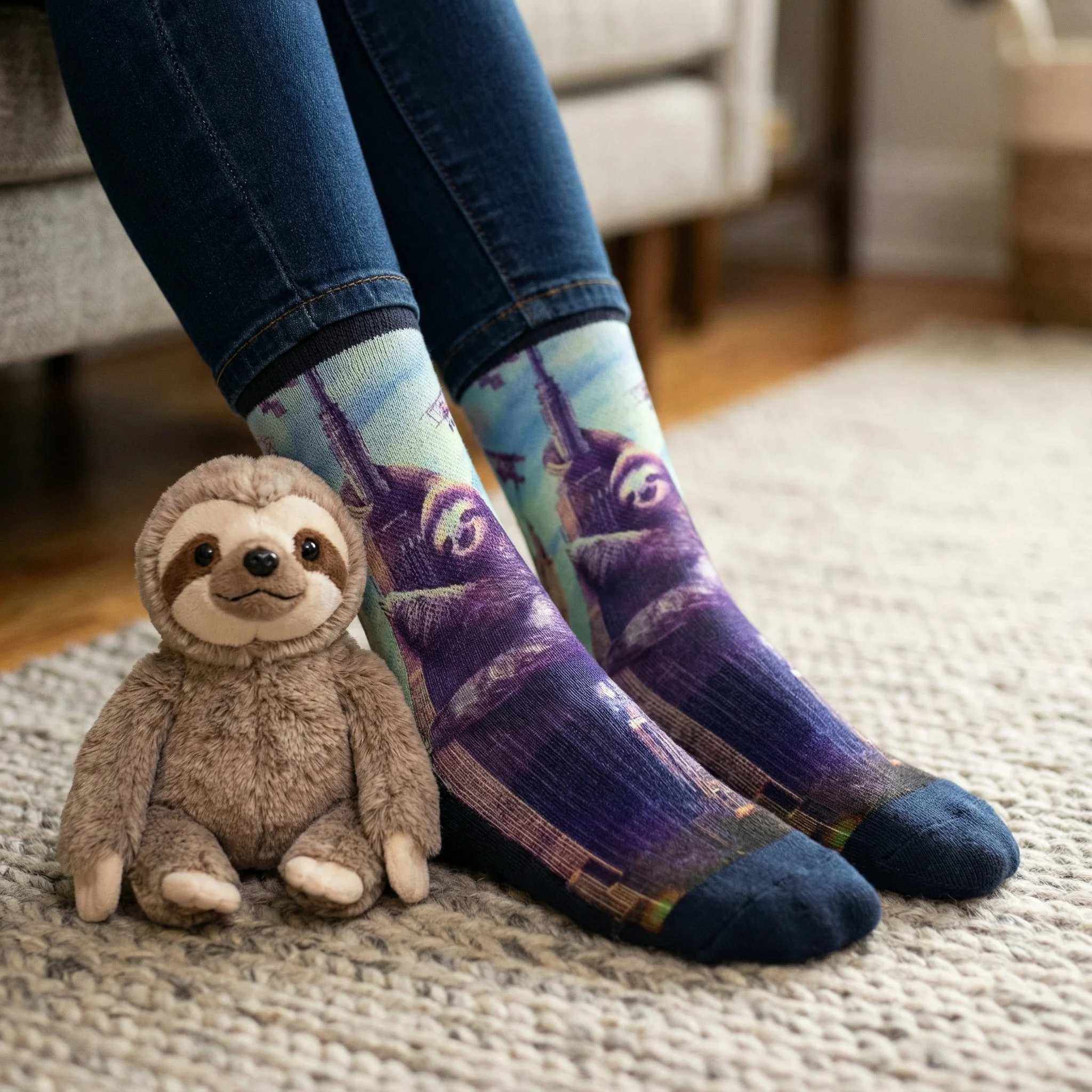 Slothzilla Women's Socks | Fun Giant Sloth City Scene Crew Socks - Image 5