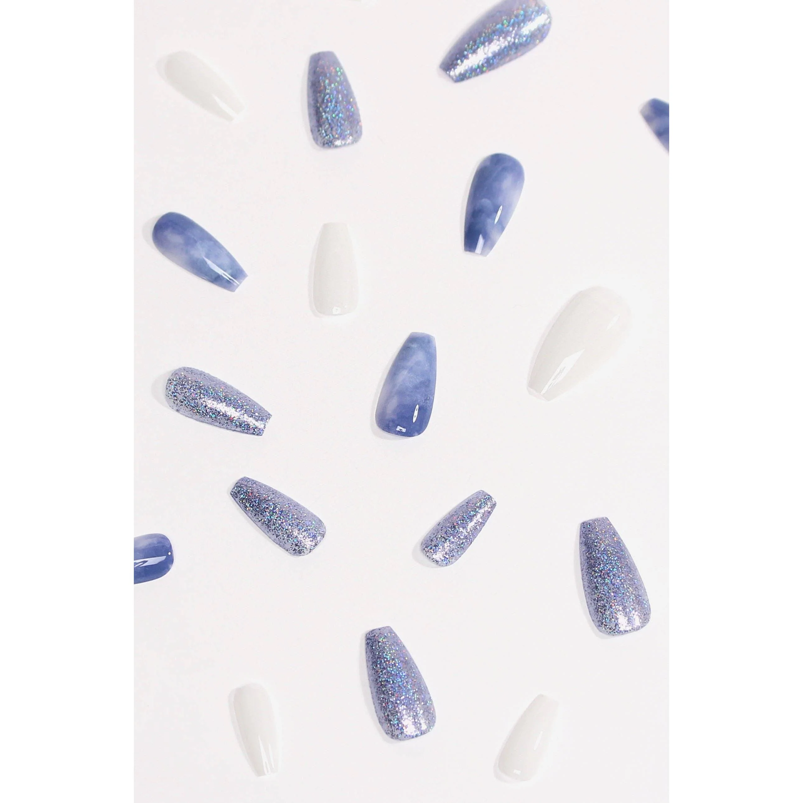 Wonderland Press-On Nails | White & Blue Marble with Glitter | Non-Toxic & Reusable - Image 4