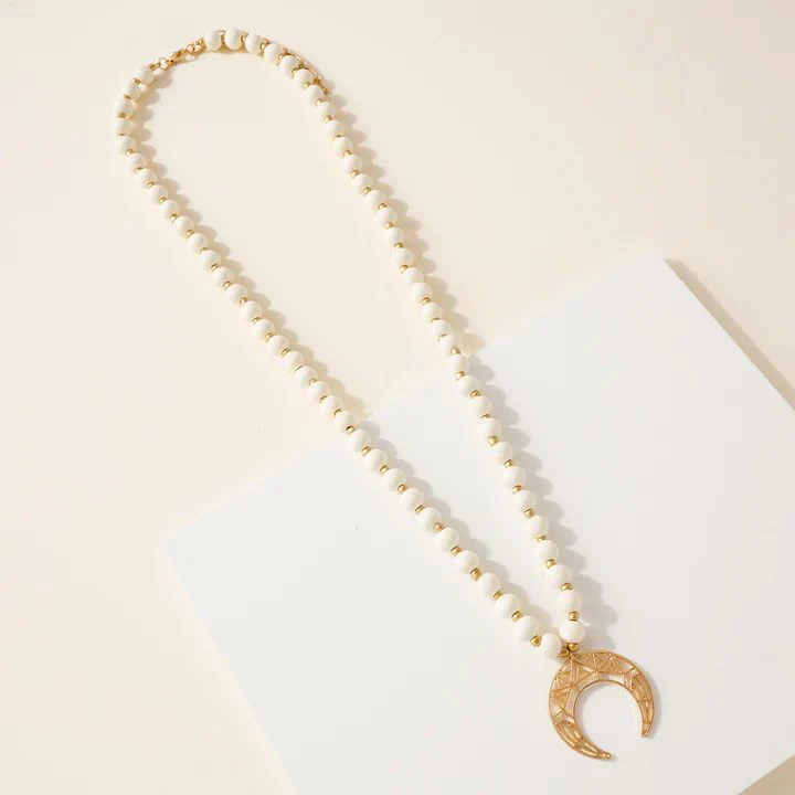 Wood Bead Crescent Pendant Necklace | Ivory or Mint - Image 3
