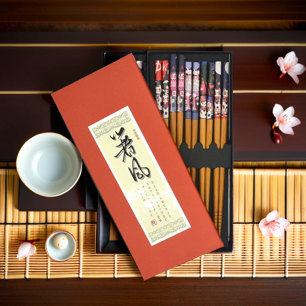 Lucky Cat Giftable Wood Chopsticks Set of 5 | Japanese Maneki Neko | 8.8" - Image 5
