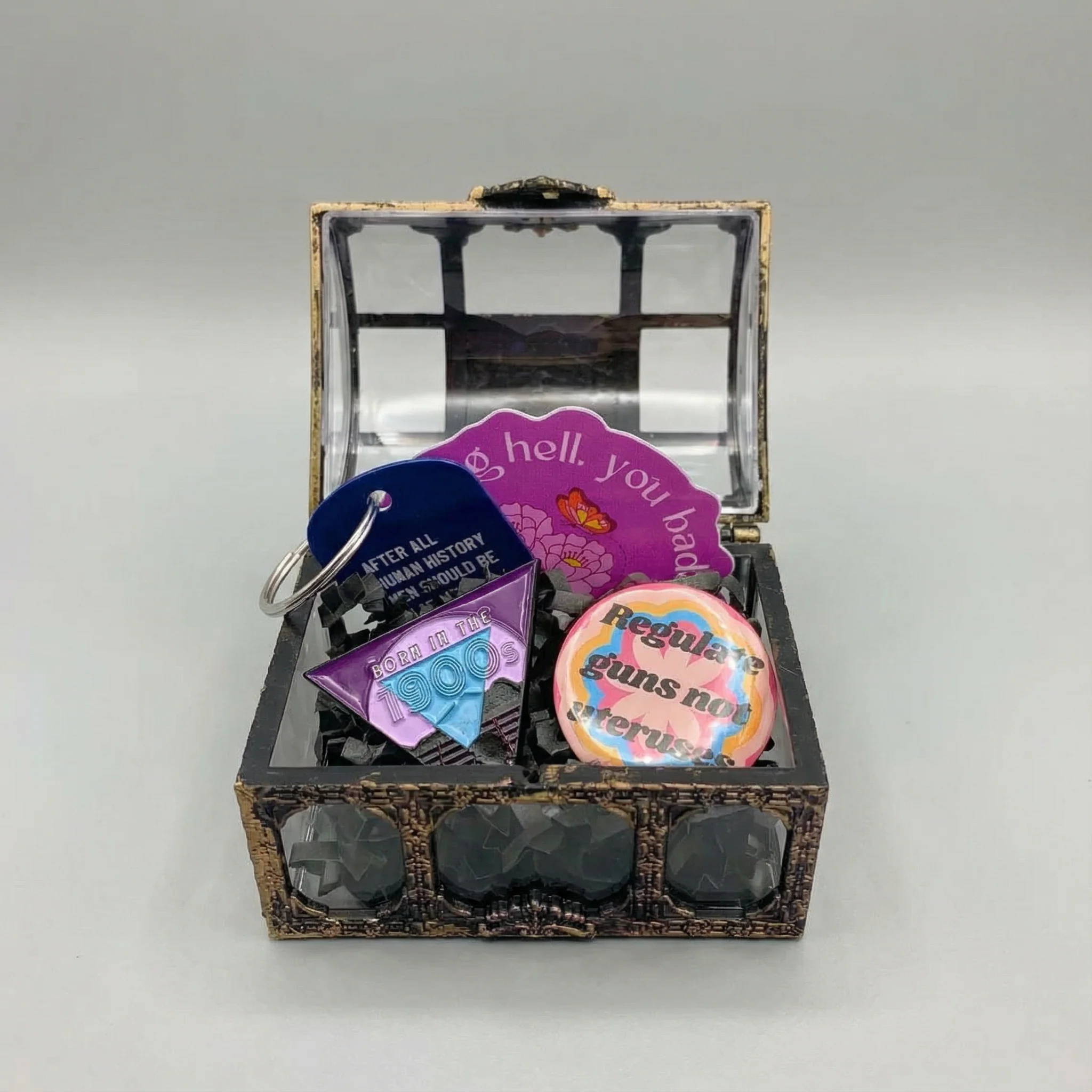 World's Tiniest Gift Box - 4 Item Feminist Treasure Chest Enamel Pin Keychain Gift Basket for Her in Pirate Fantasy Themed Gift Box - Image 11