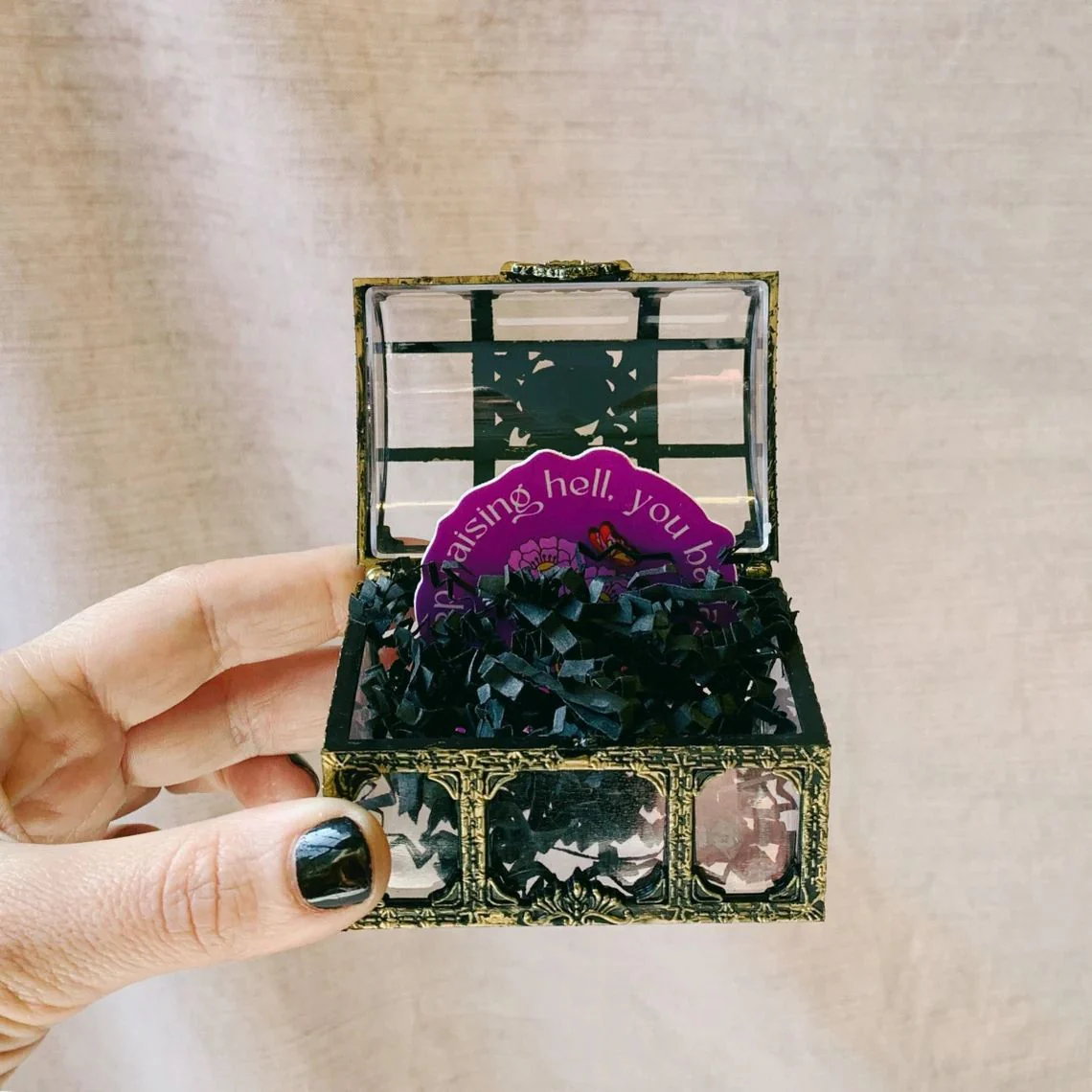World's Tiniest Gift Box - 4 Item Feminist Treasure Chest Enamel Pin Keychain Gift Basket for Her in Pirate Fantasy Themed Gift Box - Image 2