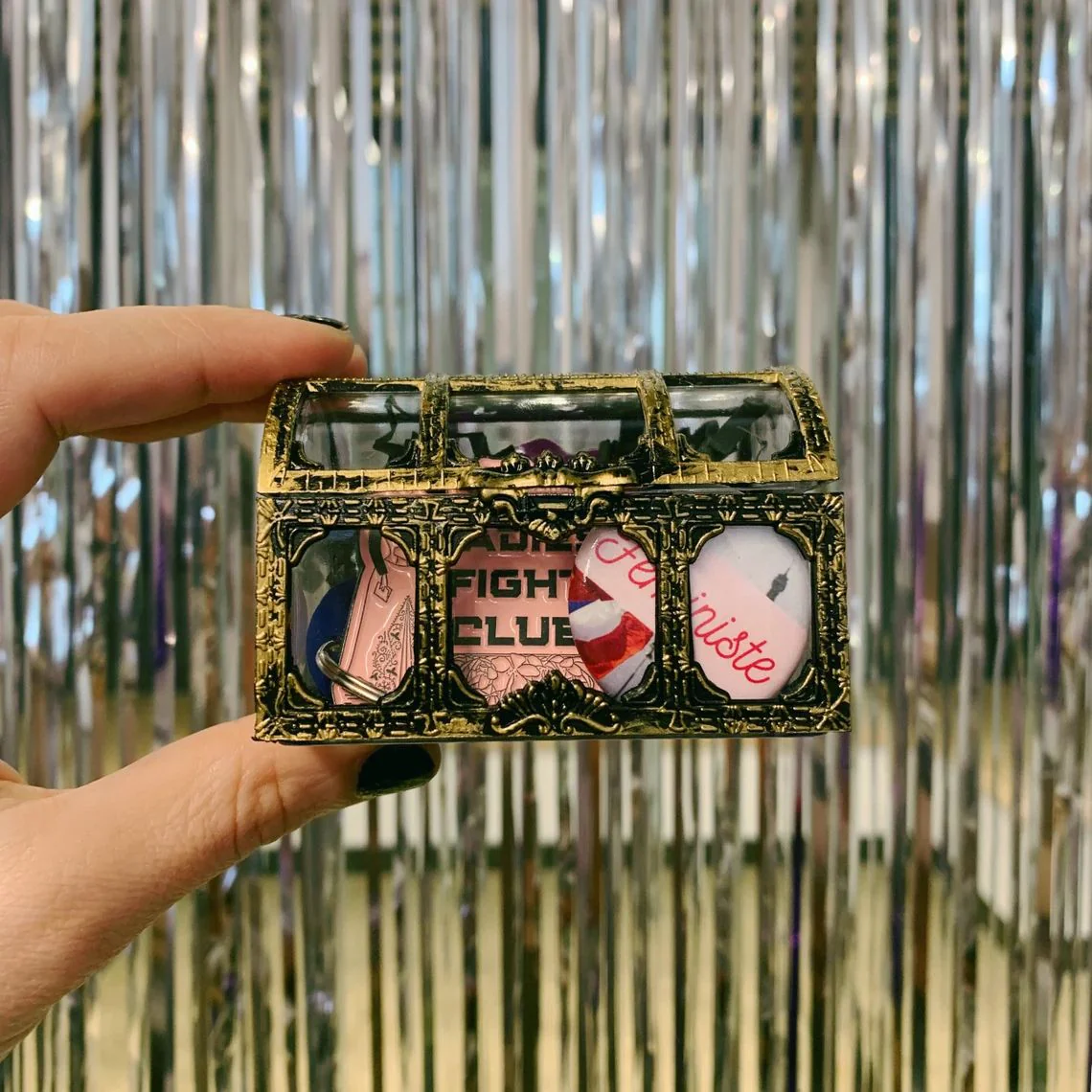 World's Tiniest Gift Box - 4 Item Feminist Treasure Chest Enamel Pin Keychain Gift Basket for Her in Pirate Fantasy Themed Gift Box - Image 3