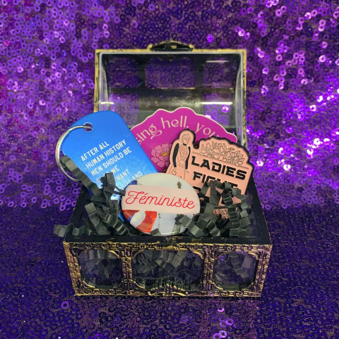 World's Tiniest Gift Box - 4 Item Feminist Treasure Chest Enamel Pin Keychain Gift Basket for Her in Pirate Fantasy Themed Gift Box - Image 6