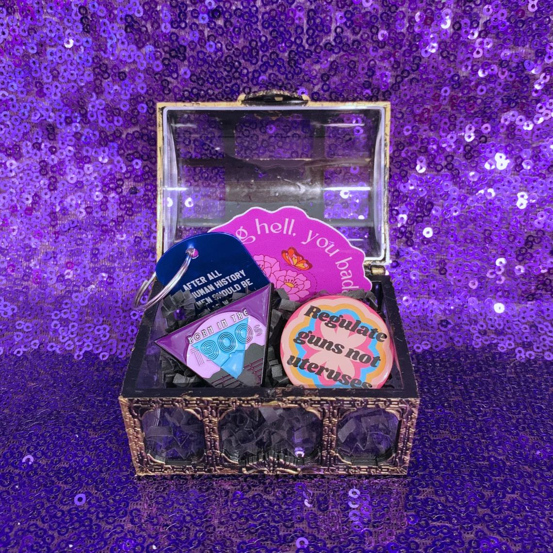 World's Tiniest Gift Box - 4 Item Feminist Treasure Chest Enamel Pin Keychain Gift Basket for Her in Pirate Fantasy Themed Gift Box - Image 7