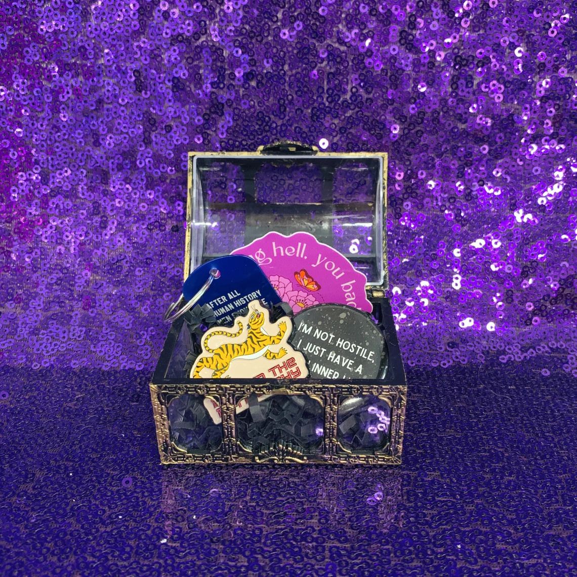 World's Tiniest Gift Box - 4 Item Feminist Treasure Chest Enamel Pin Keychain Gift Basket for Her in Pirate Fantasy Themed Gift Box - Image 8