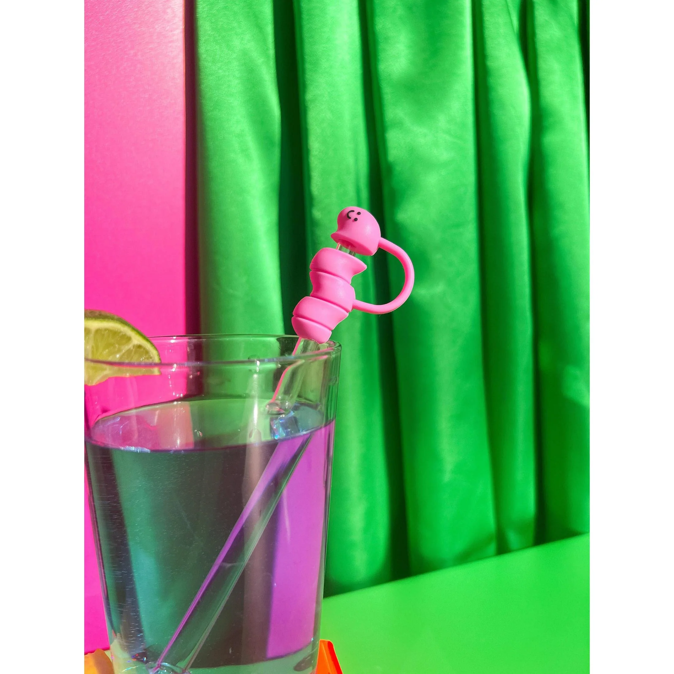 Worm Straw Cover in Pink | Cute Silicone Straw Topper - Image 2