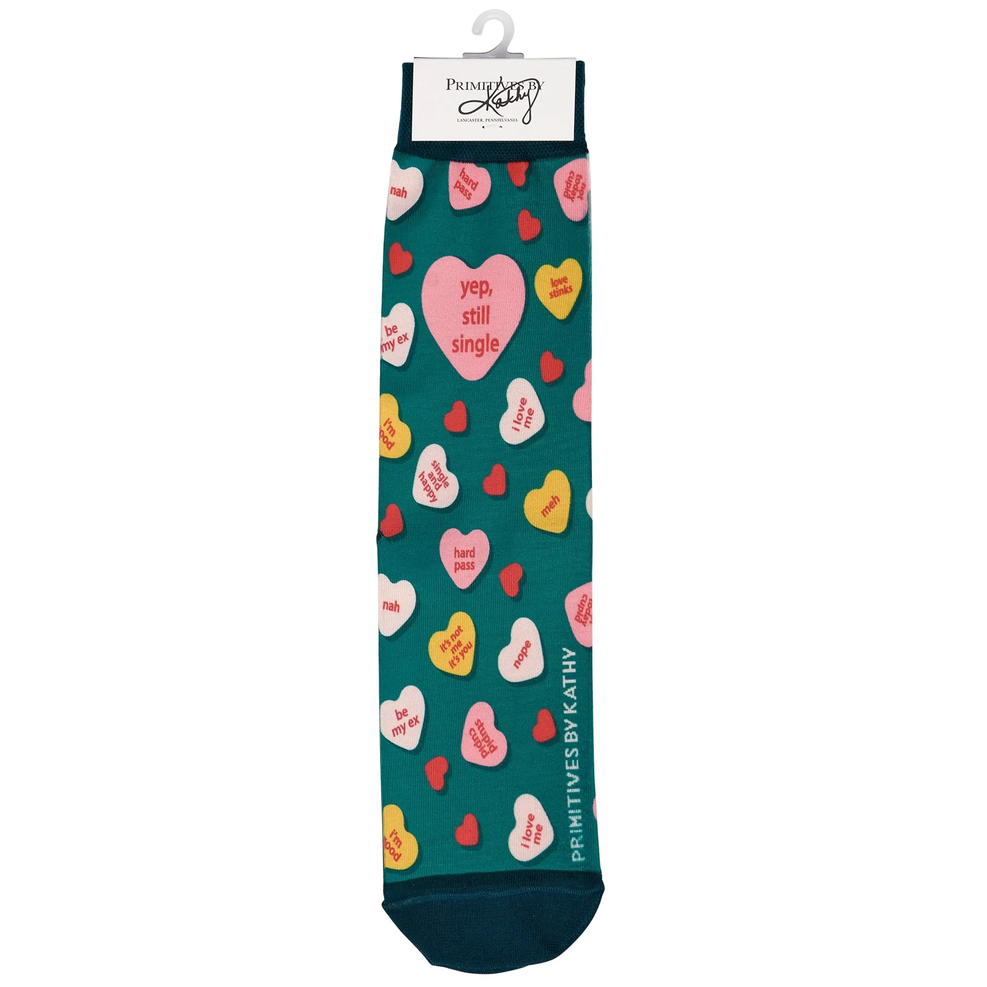 Yep, Still Single Crew Socks | Multicolor Candy Hearts Design Novelty Socks - Image 5