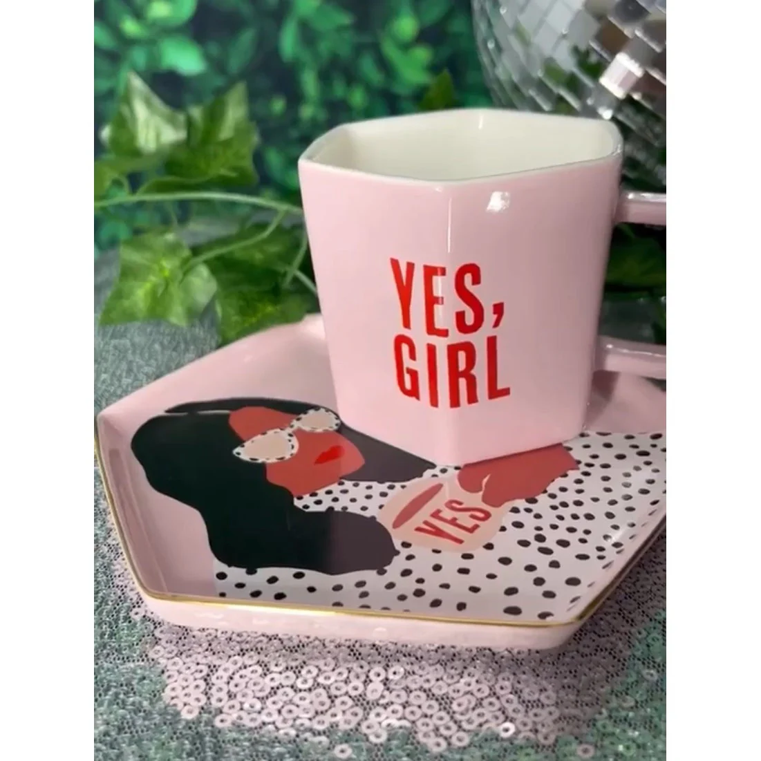 Yes, Girl Hexagon Mug & Saucer Set in Pink - Image 4