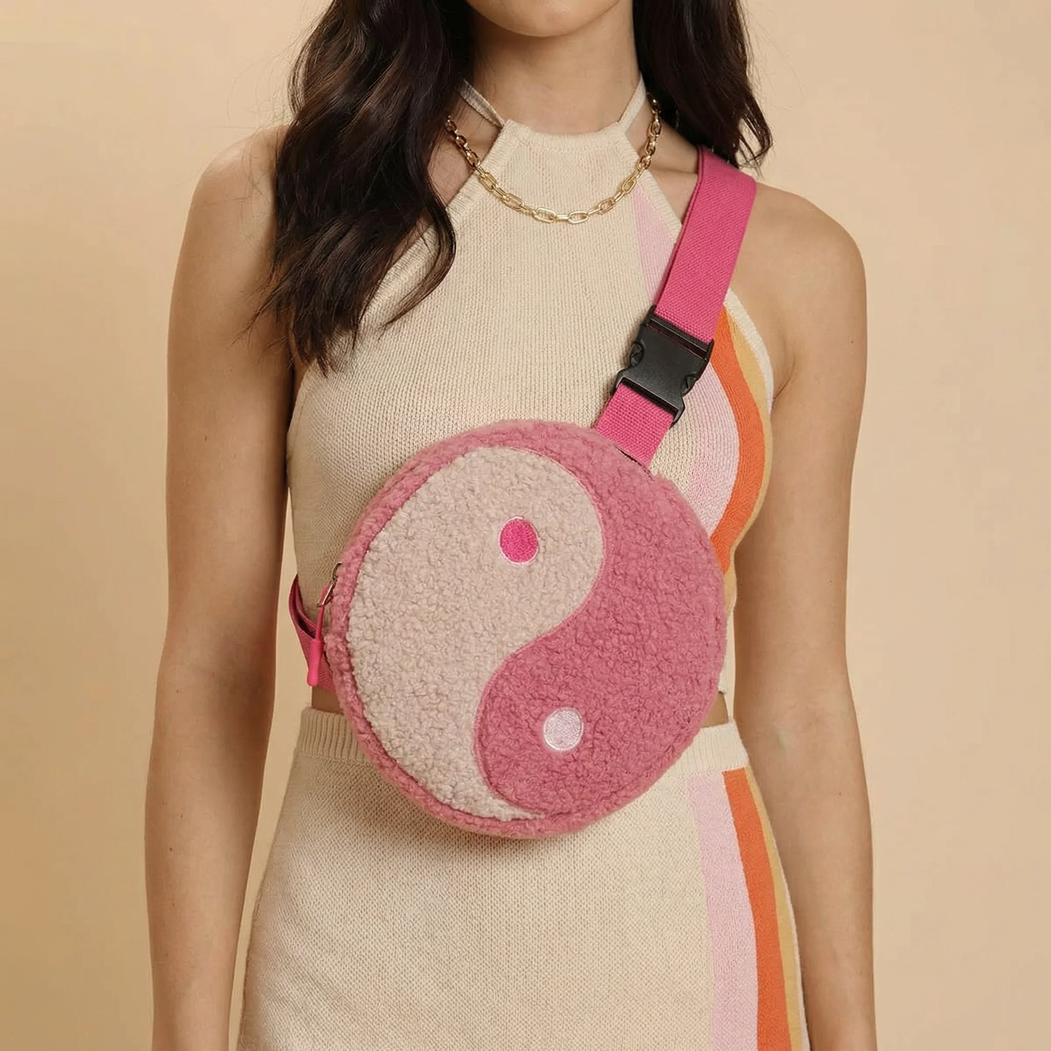Yin Yang Crossbody Bag in Pink Plush | Crossbody Purse with Hot Pink Strap