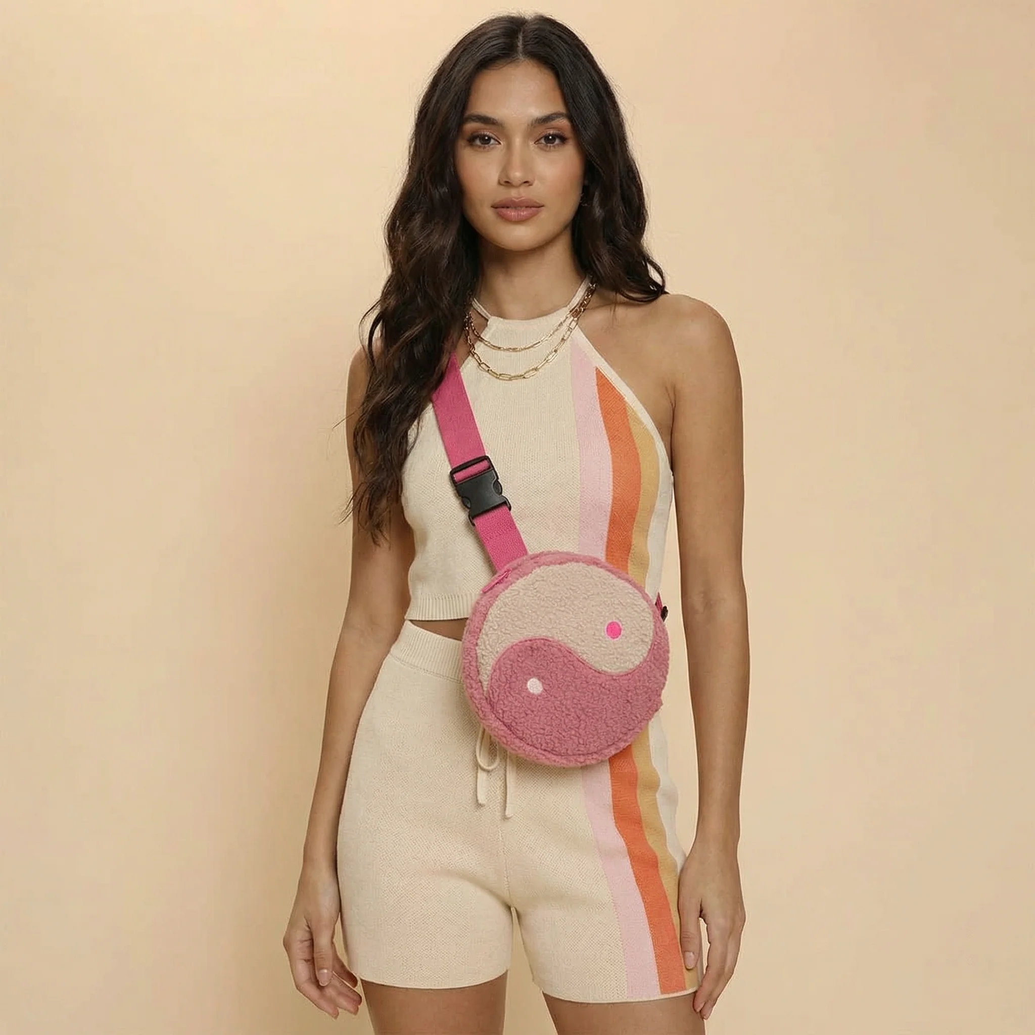 Yin Yang Crossbody Bag in Pink Plush | Crossbody Purse with Hot Pink Strap - Image 7
