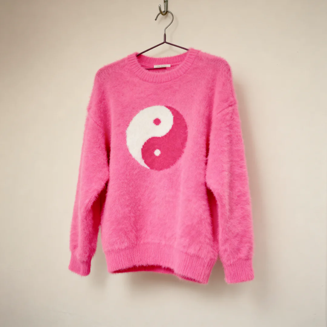 Yin Yang Fuzzy Sweater | Hot Pink 90’s Inspired Knit Pullover [SM–XL] - Image 2