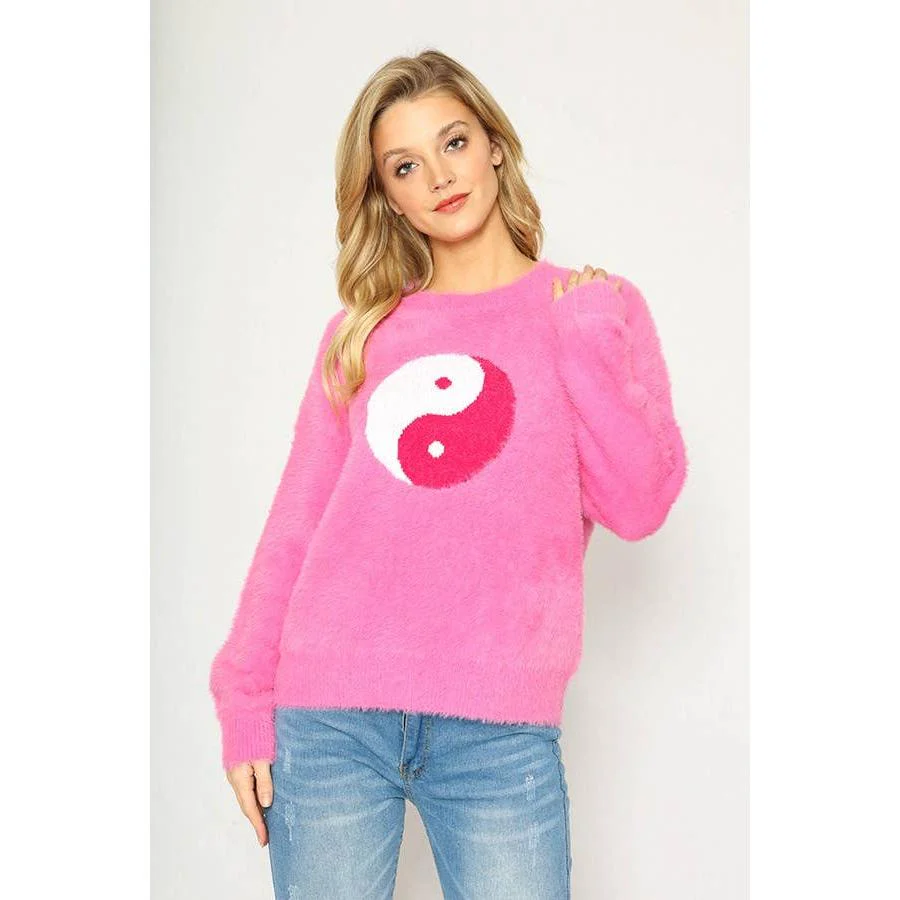 Yin Yang Fuzzy Sweater | Hot Pink 90’s Inspired Knit Pullover [SM–XL] - Image 3