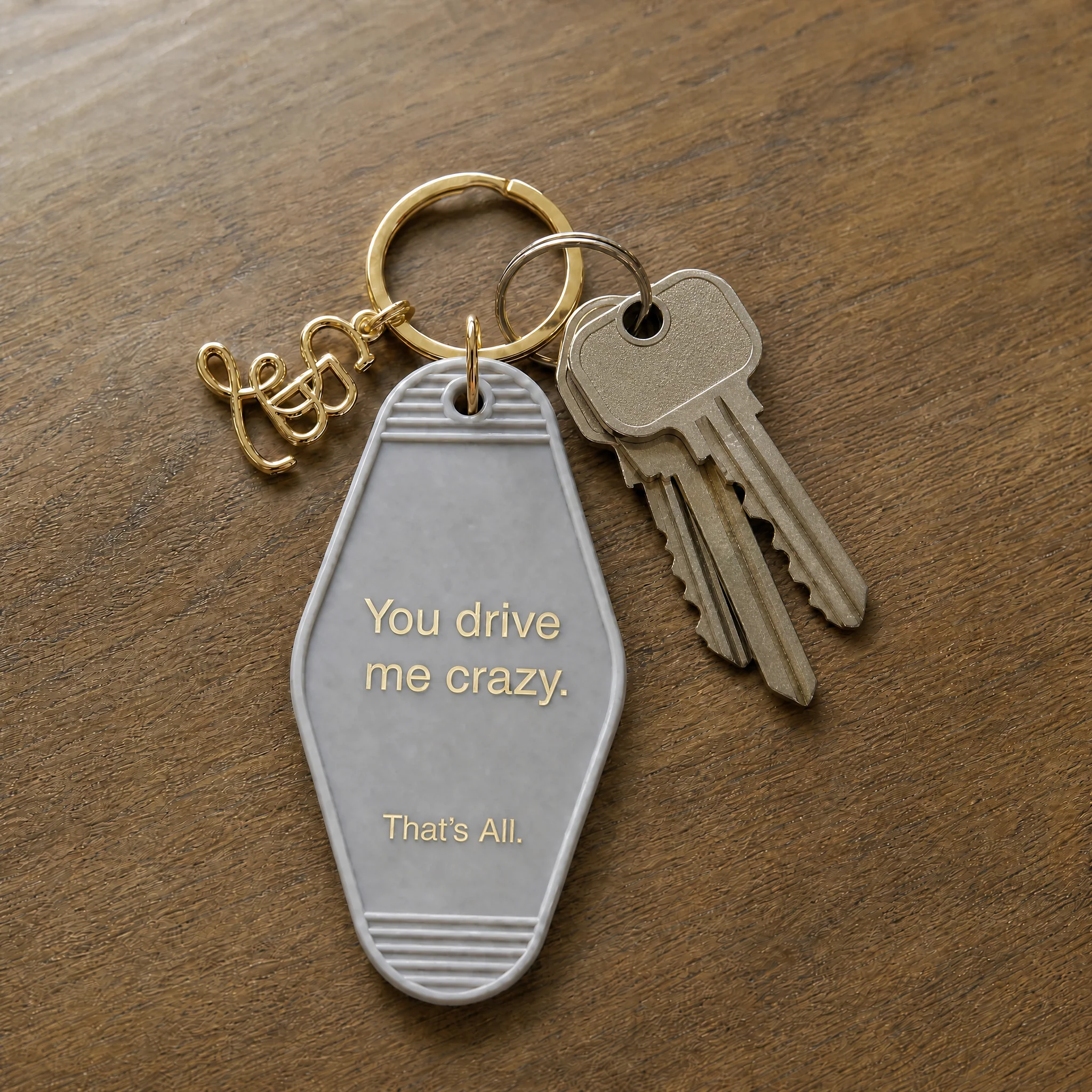 You Drive Me Crazy Motel Style Keychain in Gray with Gold Hardware - Image 2