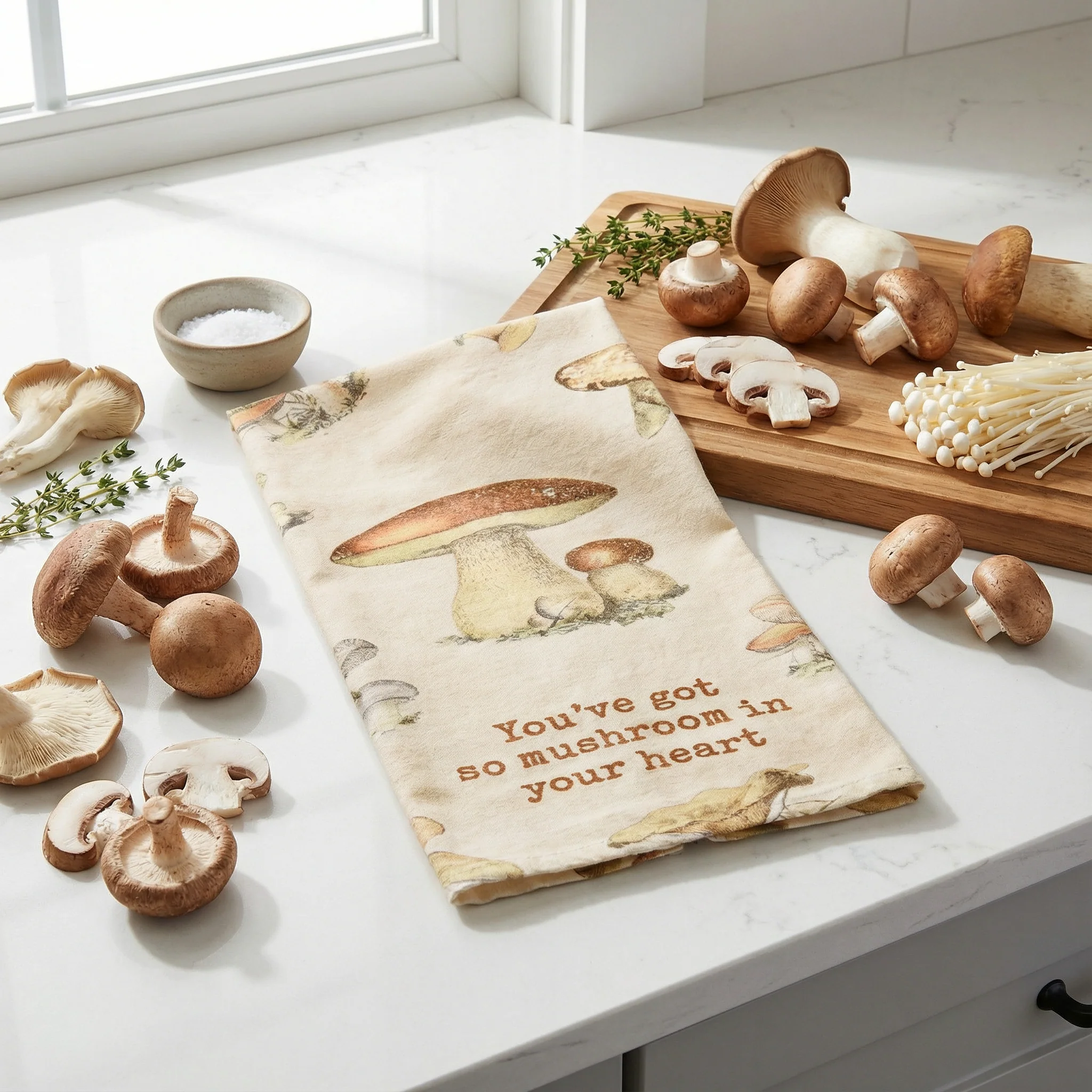 You've Got So Mushroom In Your Heart Funny Dish Cloth Towel | Cotton and Linen | Embroidered Text | 18" x 28"