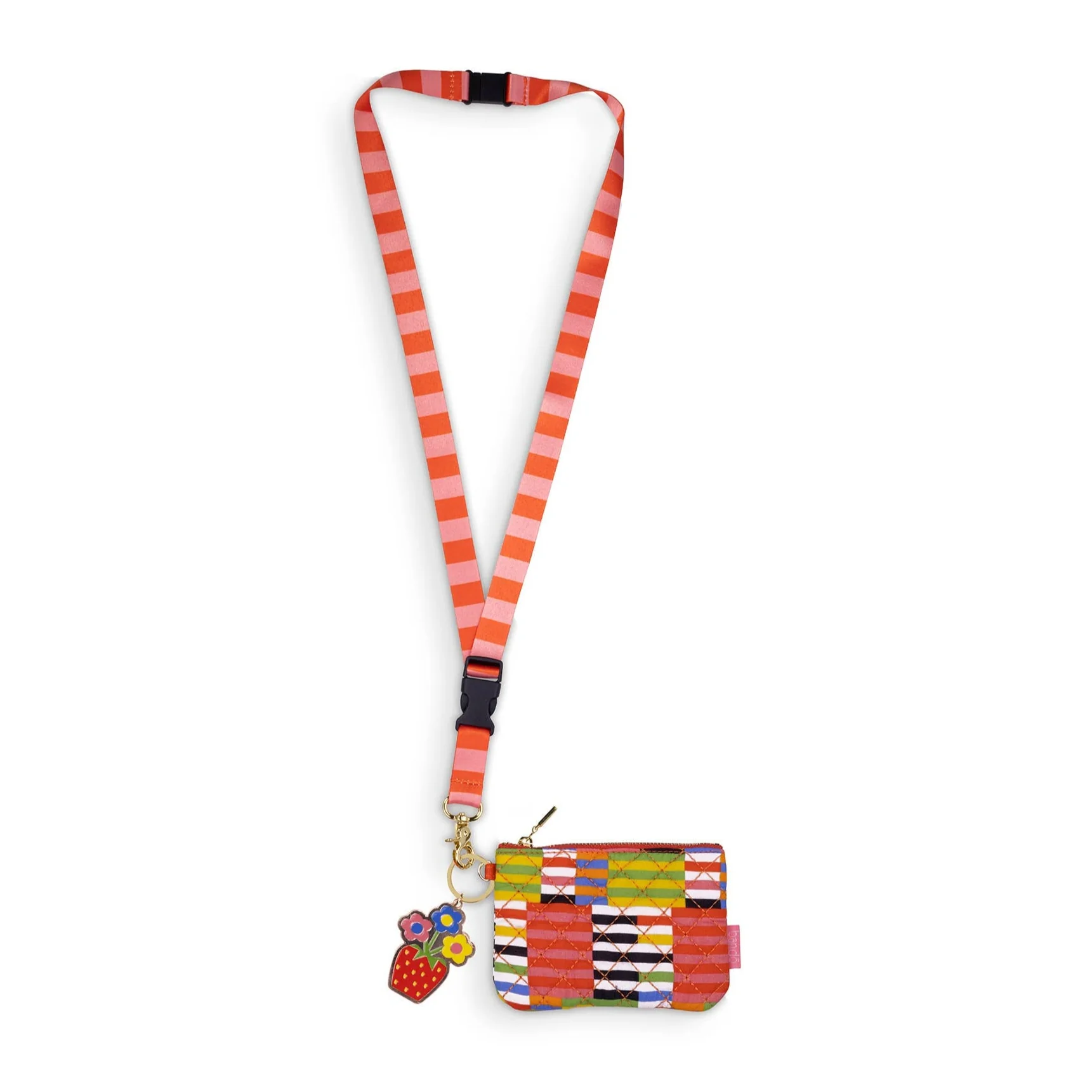 Ban.do Zip ID Lanyard in Black Stripe with Charm | Badge Holder Zippered Pouch with Keychain - Image 2
