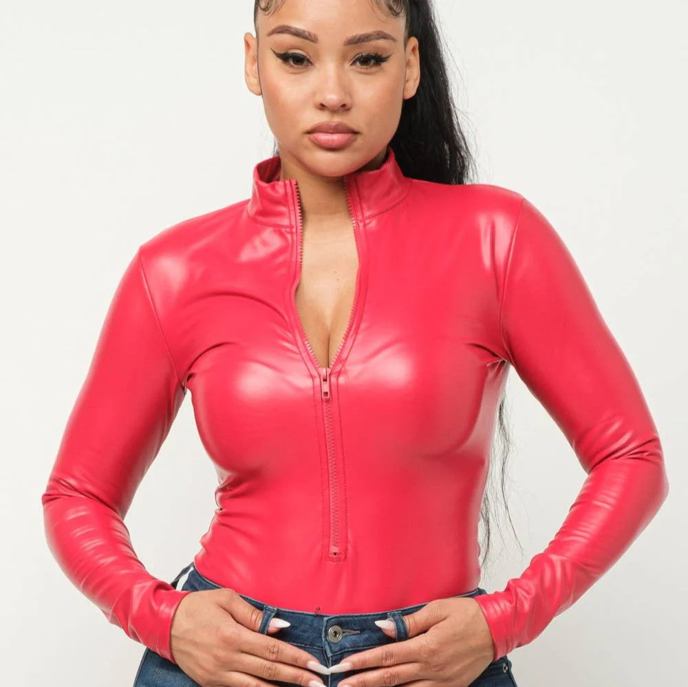 Zipper Front PU Bodysuit in Red [Available in SM-L] - Image 5